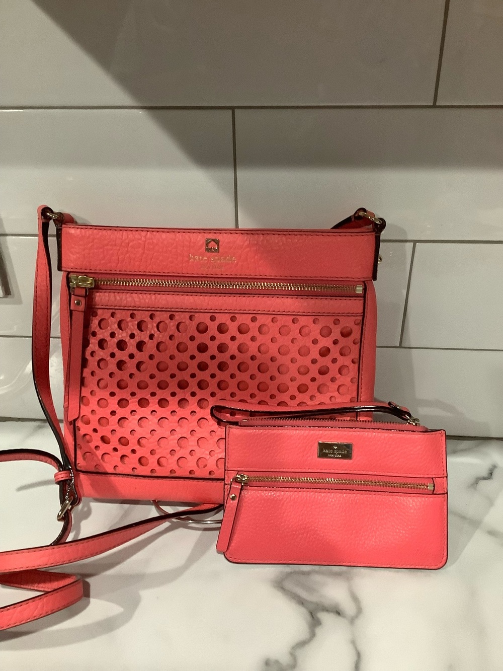 Kate Spade Coral Pink Crossbody Bag with Gold Hardware